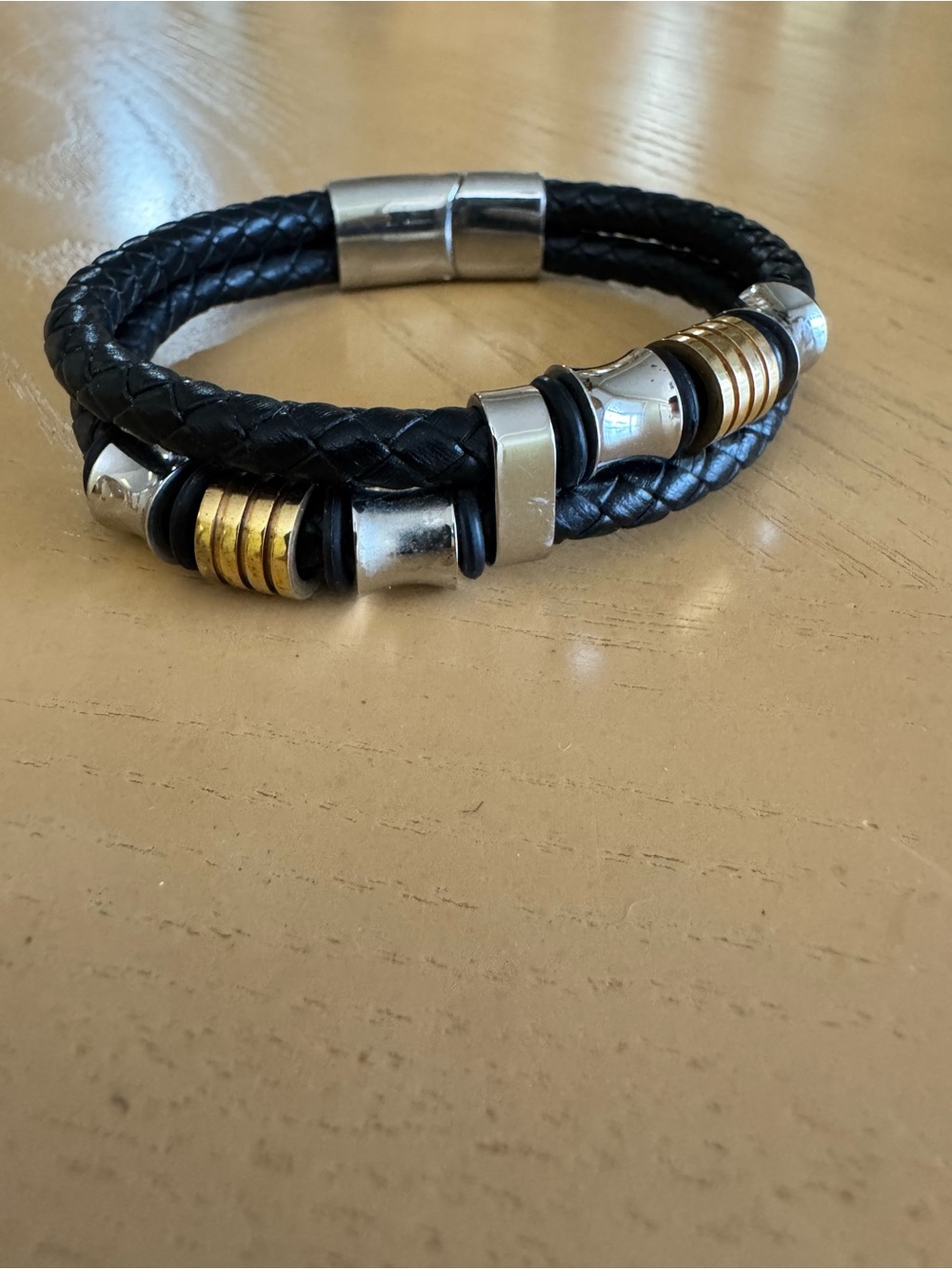 6" Men's Black Braided Leather Bracelet - Slide Lock Magnetic Clasp